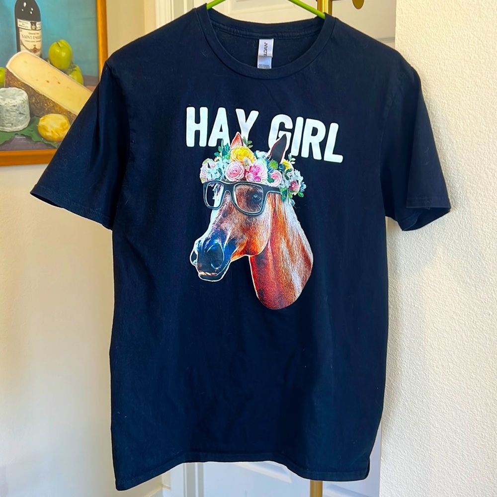 HAY Girl Black Horse CREW neck short sleeve t-shirt tee glasses floral crown